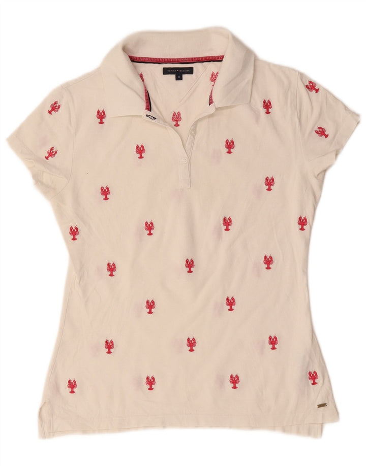Tommy Hilfiger Womens Abstract Pattern Polo Shirt UK 12 Medium White Cotton