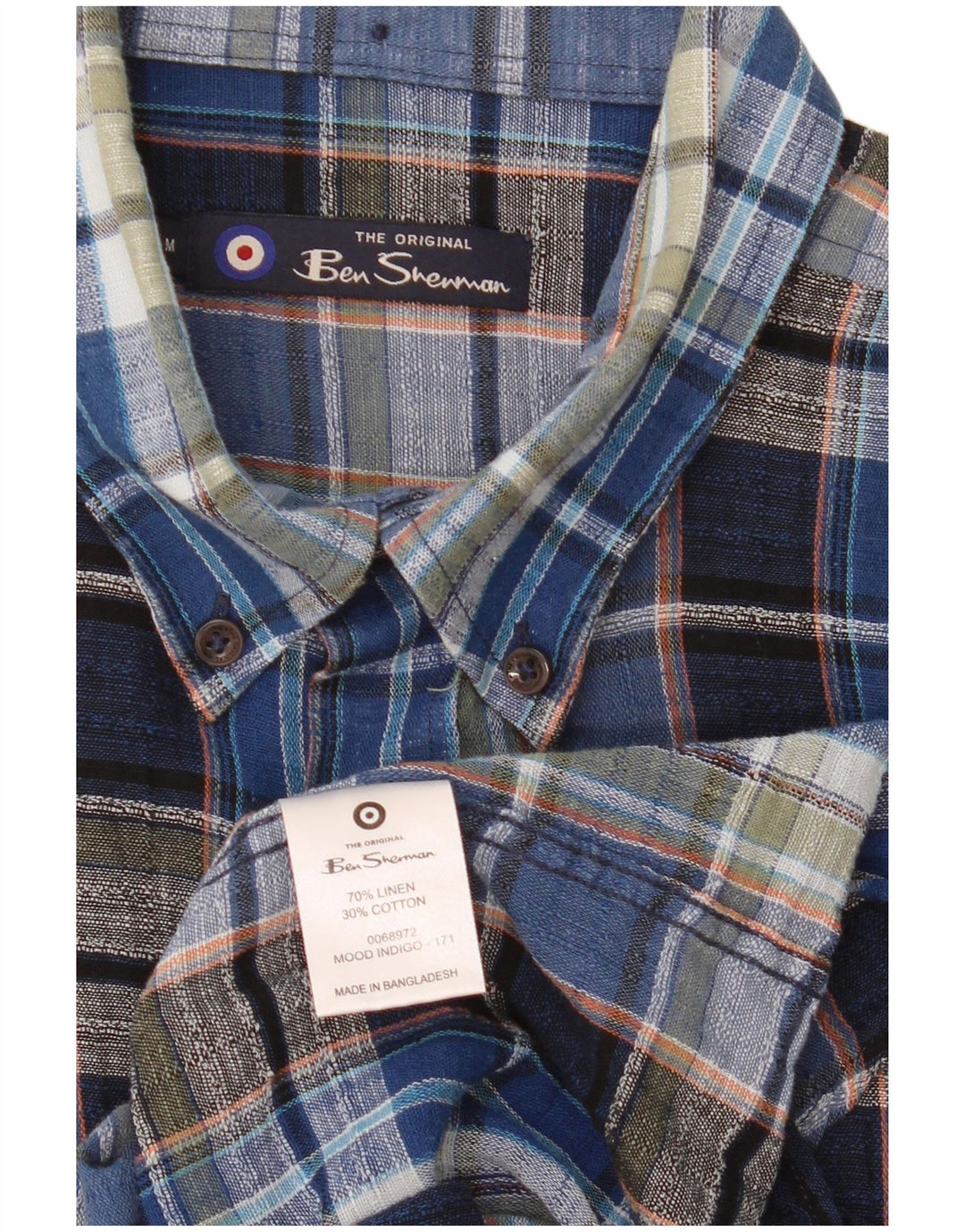 Ben Sherman Mens Shirt Medium Blue Check Linen