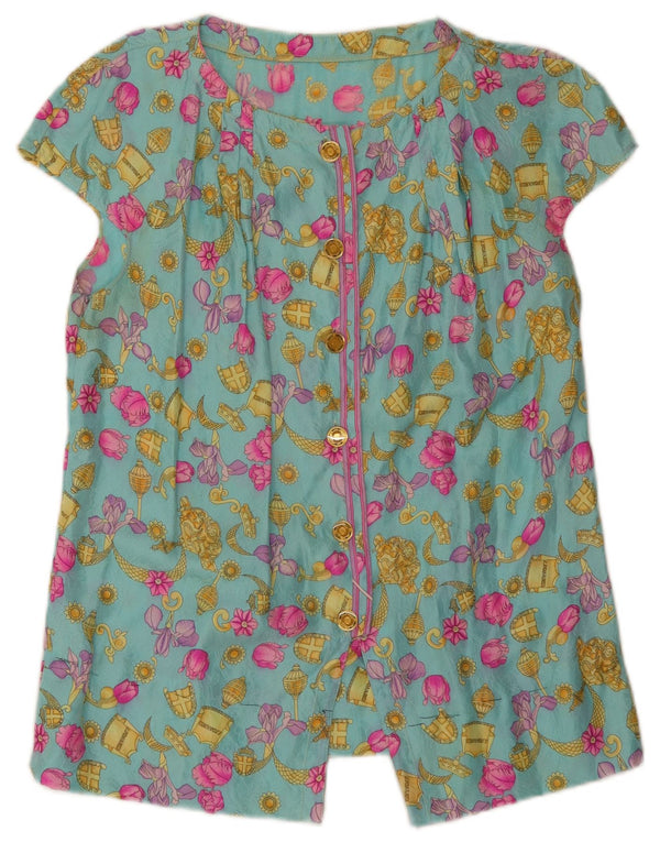 Camicetta vintage da donna a maniche corte UK 10 piccolo turchese floreale