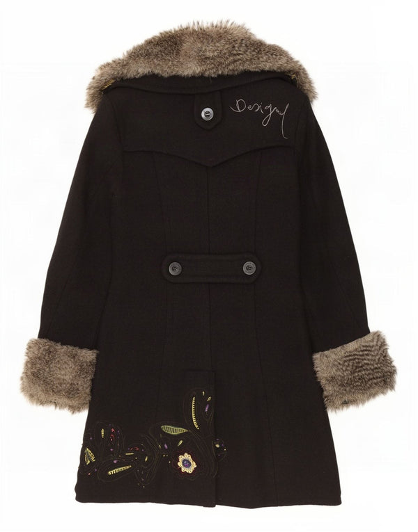 Desigual Womens Graphic Double Breasted Coat EU 42 Large Black Floral