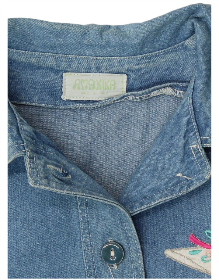 Vintage Womens Graphic Denim Jacket UK 12 Medium Blue