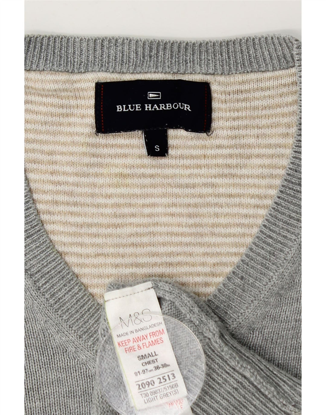 Marks & Spencer Mens Blue Harbour V-Neck Jumper Sweater Small Grey Cotton