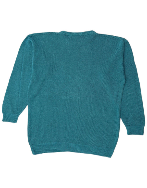 Vintage-Damenpullover mit Grafik, übergroß, U-Boot-Ausschnitt, Gr. 14, Mittelblau