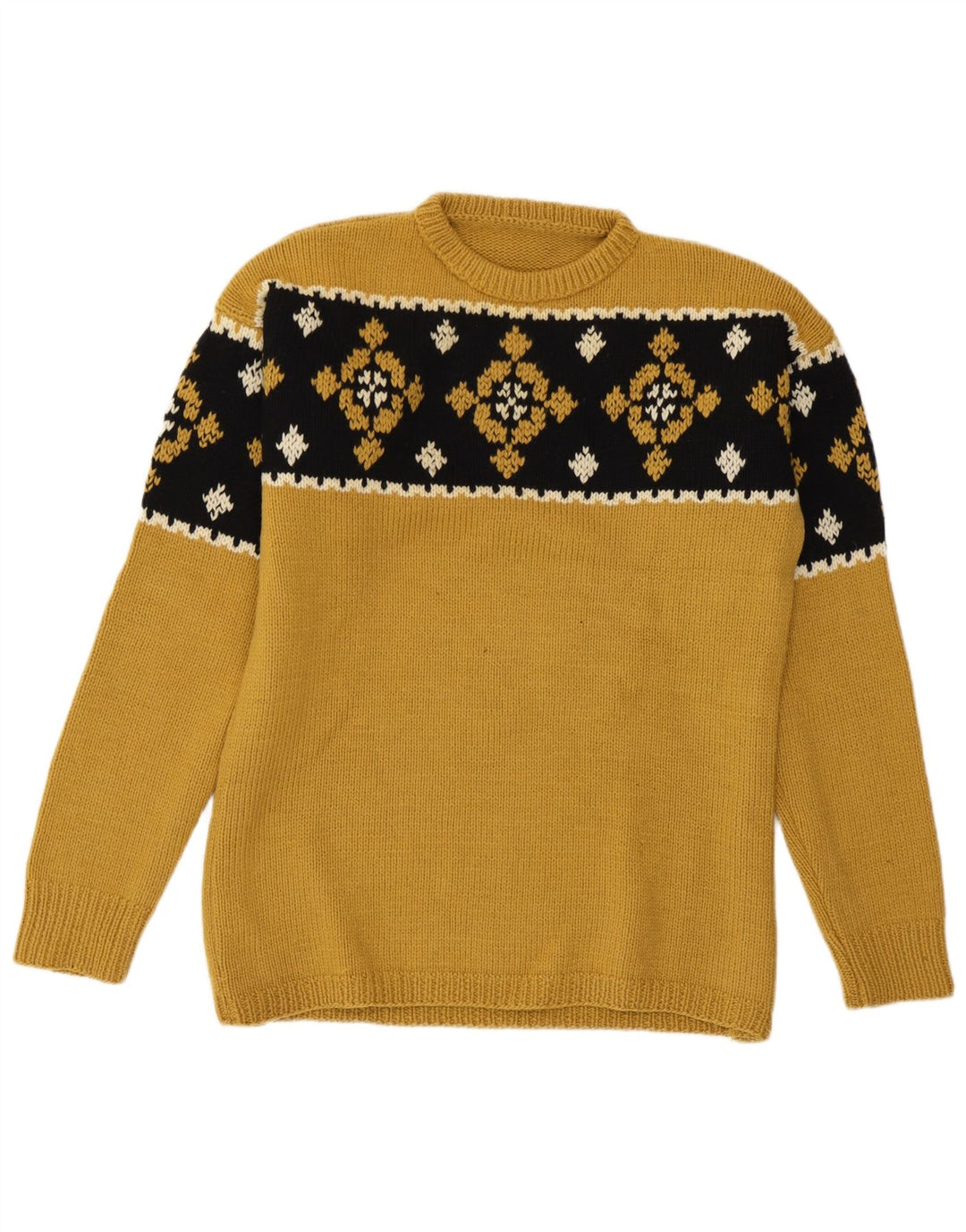 Vintage Mens Crew Neck Jumper Sweater Medium Yellow Fair Isle