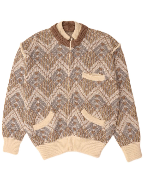 Vintage Mens Cardigan Sweater Large Beige Geometric