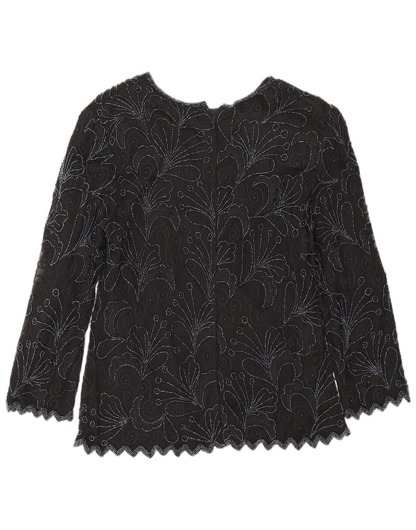 Vintage Womens Long Sleeve Regular Blouse Top UK 8 Small Black Floral Silk