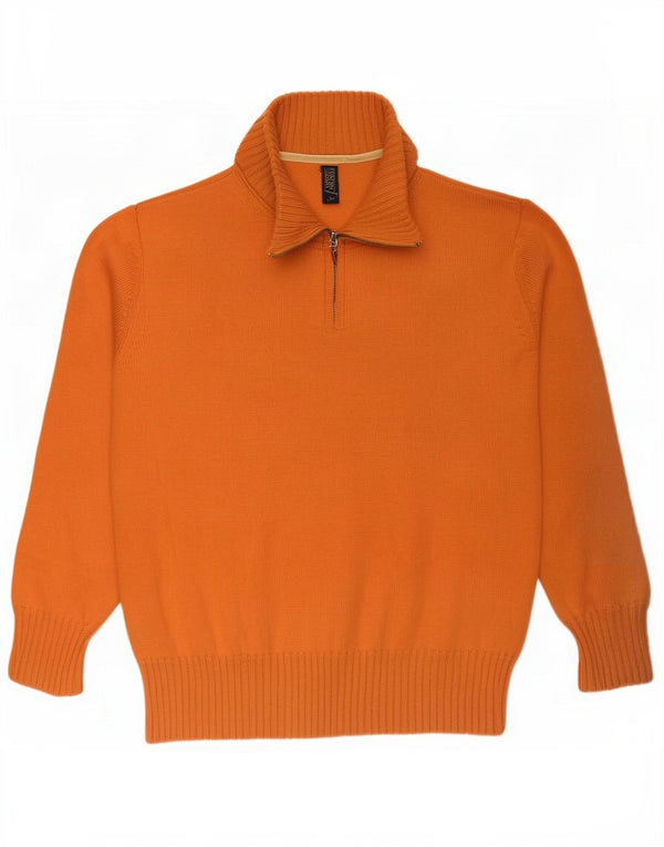 Jeckerson Mens Graphic Zip Neck Jumper Sweater Medium Orange Wool