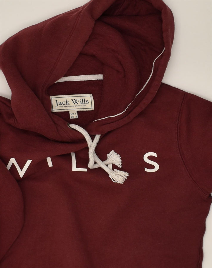 JACK WILLS Womens Loose Fit Graphic Hoodie Jumper UK 6 XS Maroon Cotton | Vintage Jack Wills | Thrift | Second-Hand Jack Wills | Used Clothing | Messina Hembry 