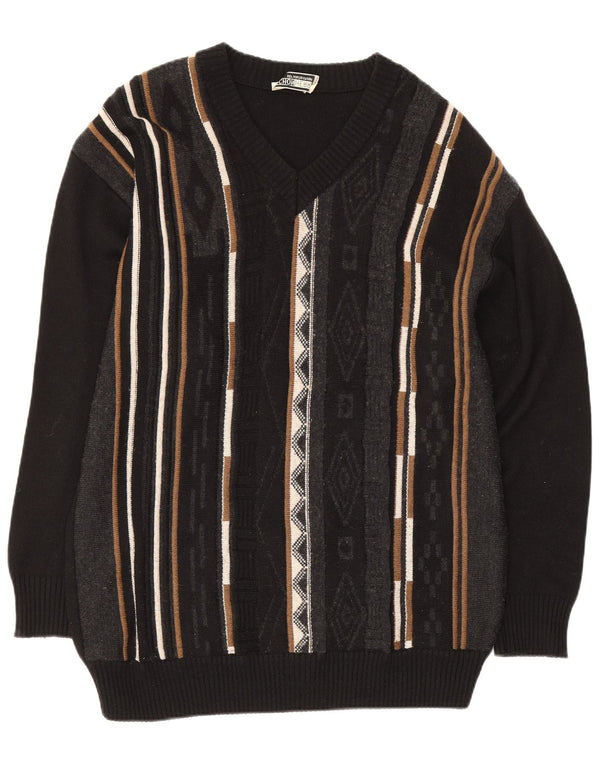 Maglione vintage da uomo con scollo a V EU 46 piccola lana merino geometrica nera