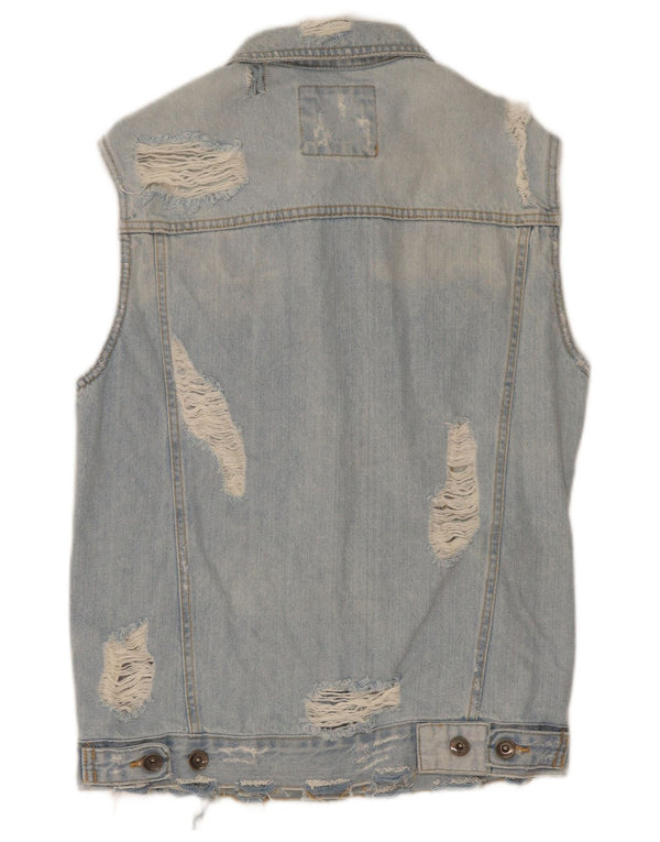 Zara Mens Distressed Denim Gilet UK 38 Medium Blue Cotton