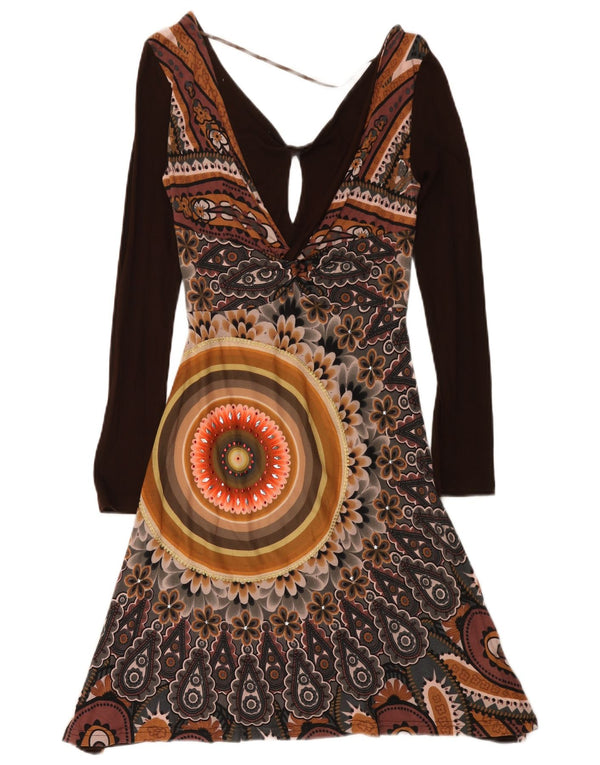 Desigual Womens Graphic Long Sleeve A-Line Dress UK 8 Small Brown Paisley