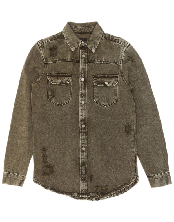Zara Chemise en jean coupe décontractée en détresse pour homme Petit coton kaki