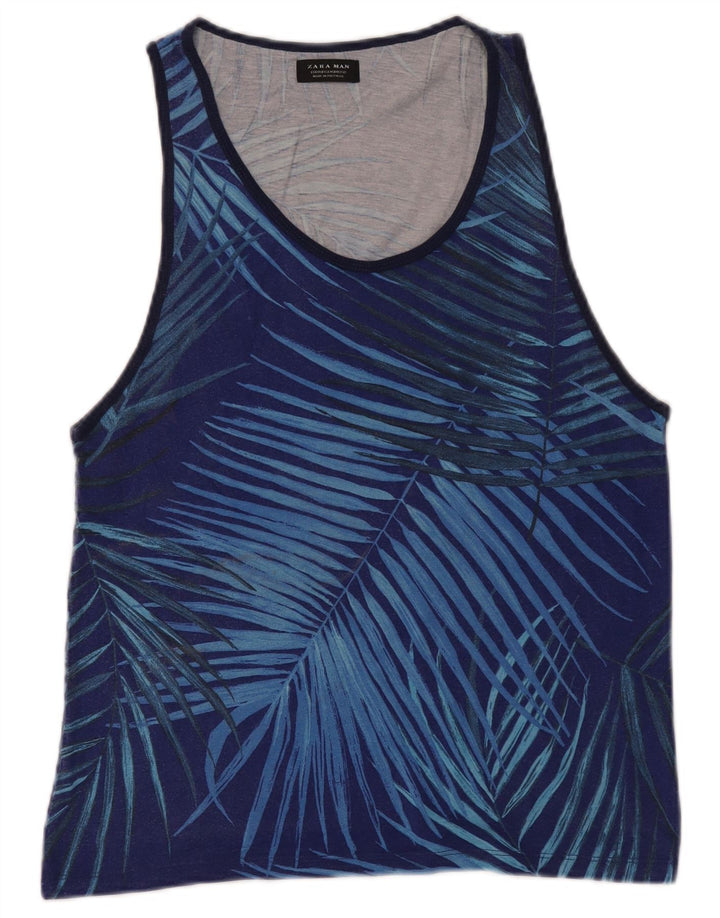 Zara Mens Graphic Vest Top Medium Blue Floral Cotton