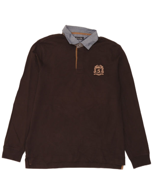 Polo da rugby da uomo a maniche lunghe Massimo Dutti XL in cotone color block marrone