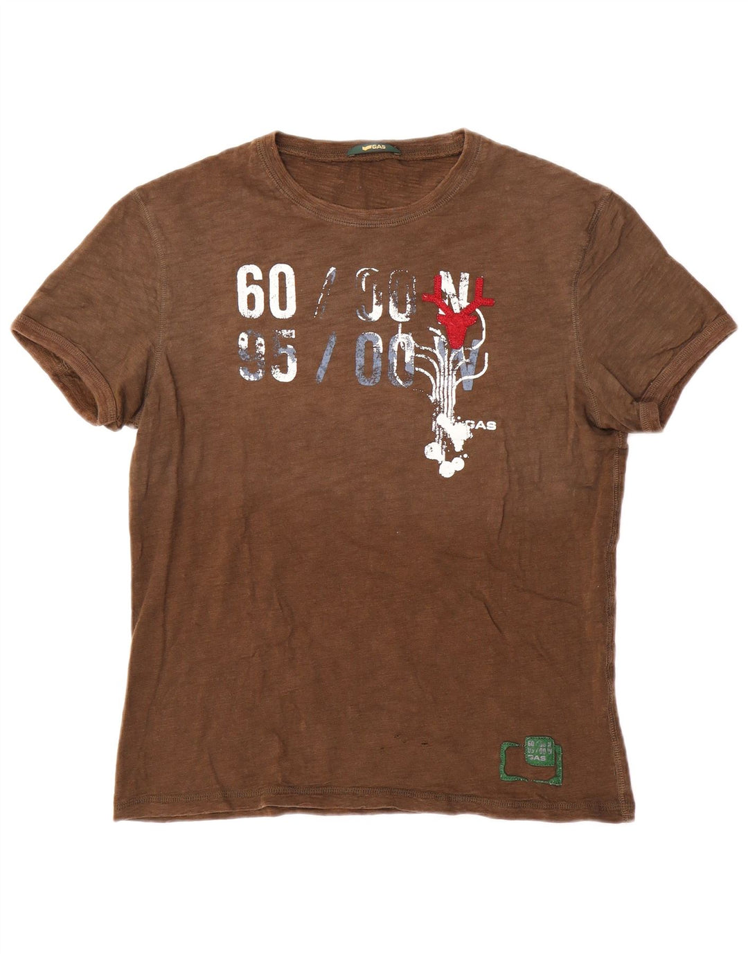 Gas Mens Graphic T-Shirt Top Medium Brown Cotton