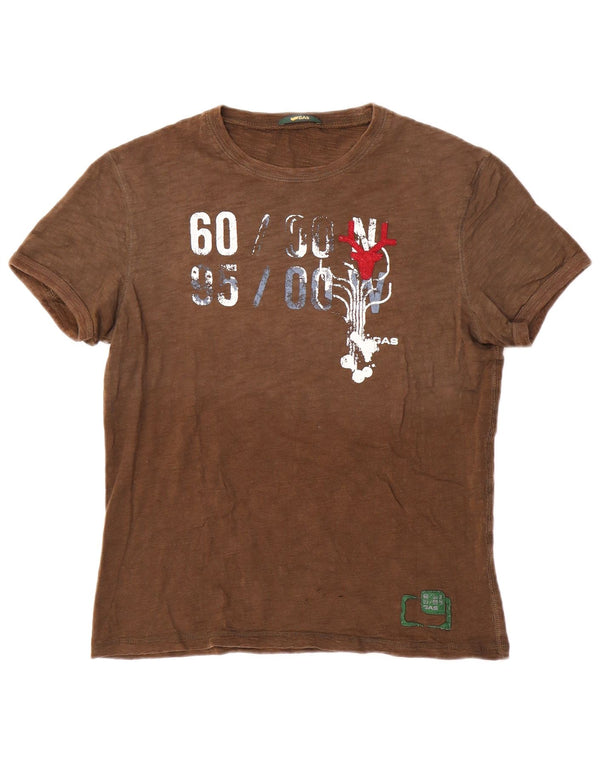 Gas Mens Graphic T-Shirt Top Medium Brown Cotton