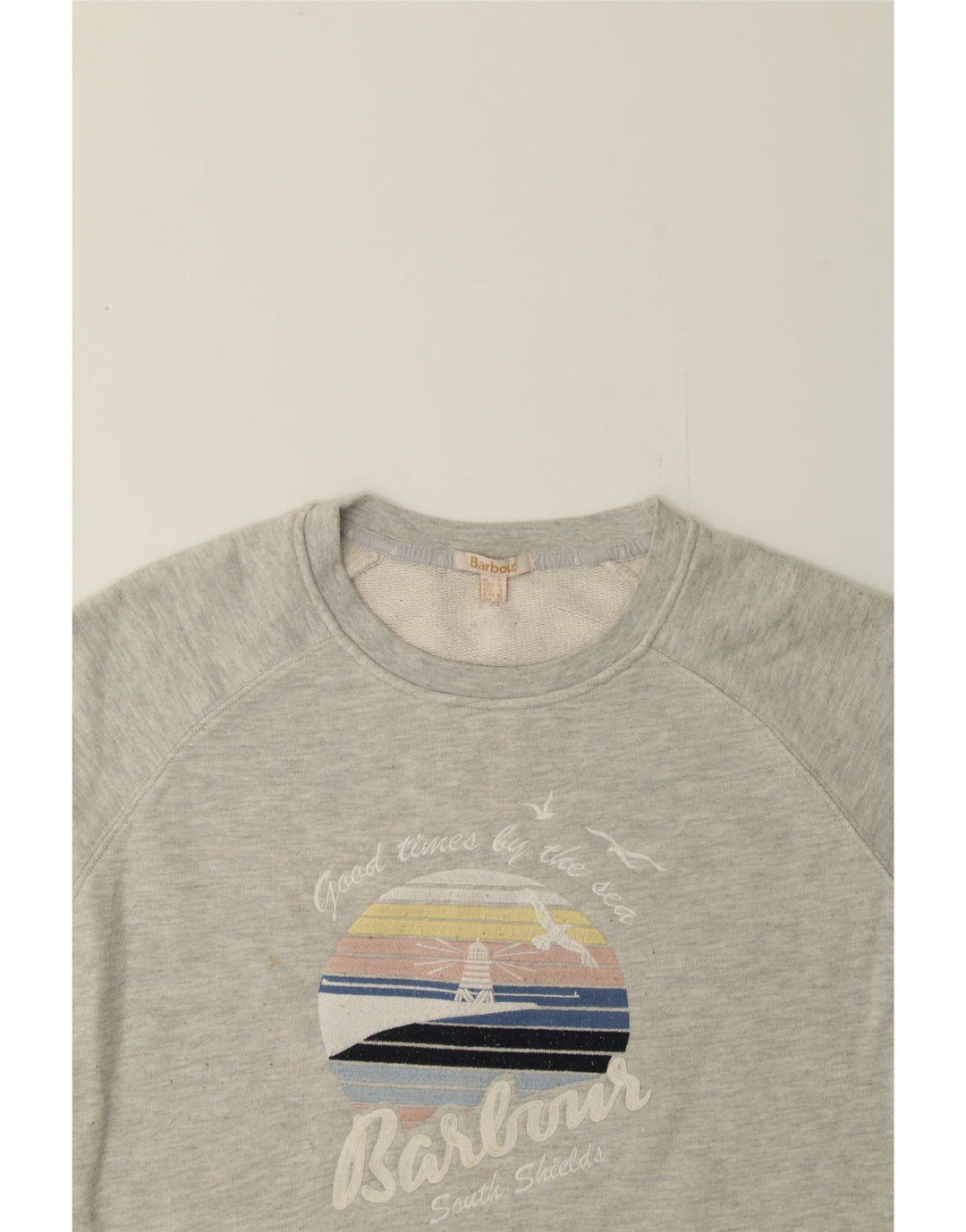 BARBOUR Womens Graphic Short Sleeve Sweatshirt Jumper UK 12 Medium Grey Vintage Barbour and Second-Hand Barbour from Messina Hembry 