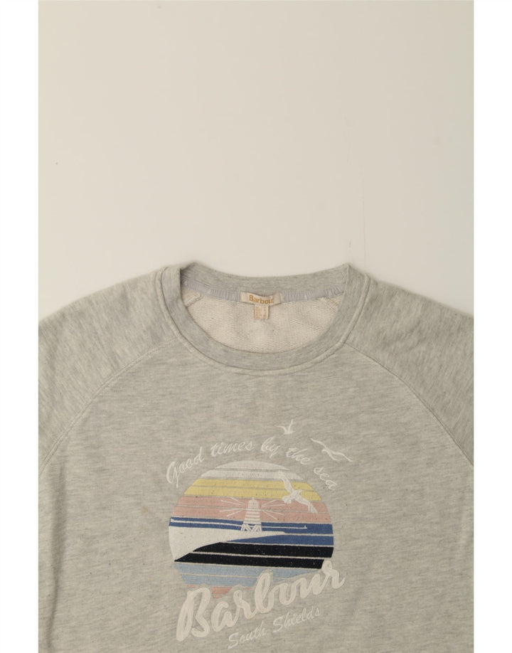 BARBOUR Womens Graphic Short Sleeve Sweatshirt Jumper UK 12 Medium Grey Vintage Barbour and Second-Hand Barbour from Messina Hembry 