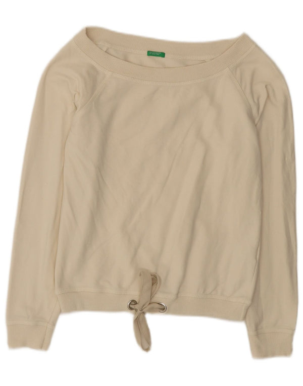 Benetton Donna Crop Felpa Maglione UK 10 Piccolo Cotone Beige