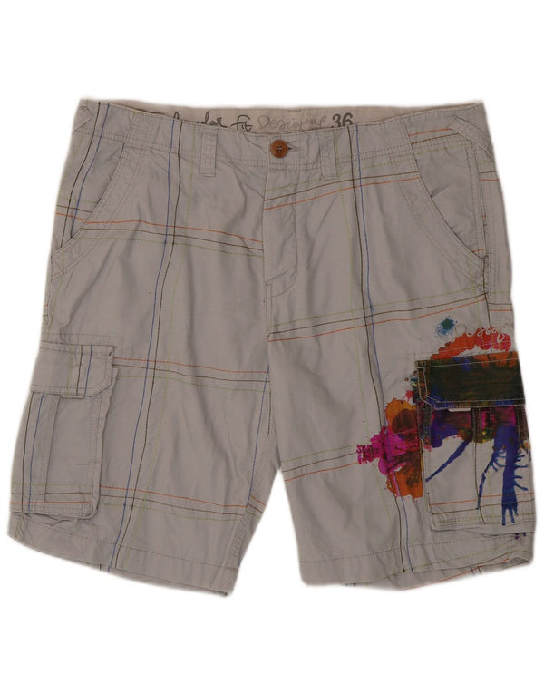 Desigual Mens Graphic Cargo Shorts W36 Large Grey Check Cotton