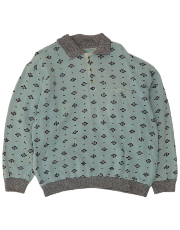 vintage Mens Polo Neck Sweatshirt Jumper Moyen Bleu Géométrique Coton