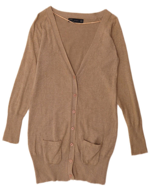 Zara Womens Longline Cardigan Sweater UK 10 Small Beige Bomuld