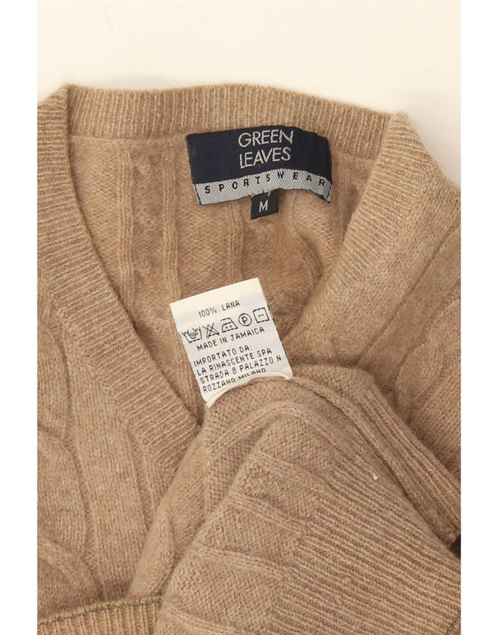 Green Leaves Mens V-Neck Jumper Sweater Medium Beige Wool