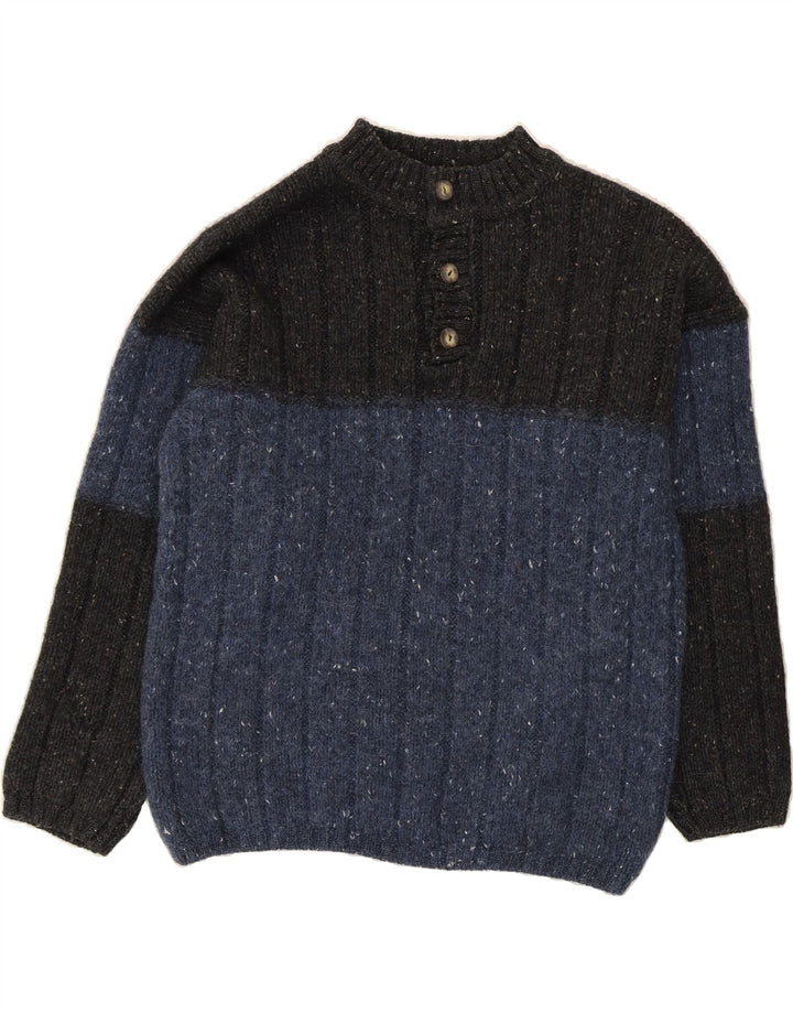 VINTAGE Womens Button Neck Jumper Sweater UK 14 Medium Blue Colourblock Vintage Vintage and Second-Hand Vintage from Messina Hembry 