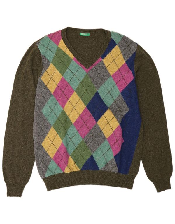 Benetton Dame V-hals sweater UK 18 XL Khaki Argyle/Diamond Wool