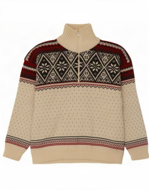 Campagnolo Mens Zip Neck Jumper Sweater Large Off White Fair Isle Wool