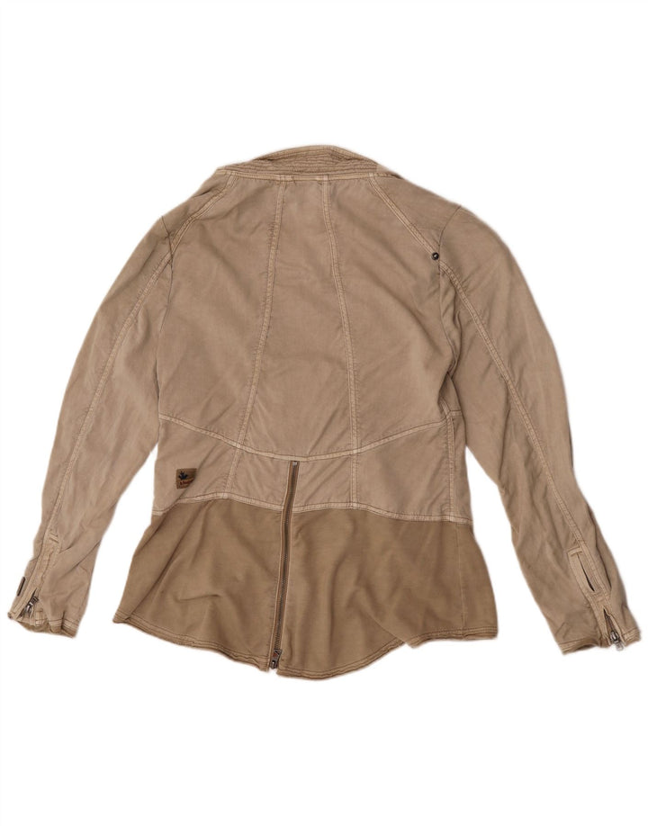 KHUJO Womens Biker Jacket UK 14 Medium Beige Colourblock Lyocell