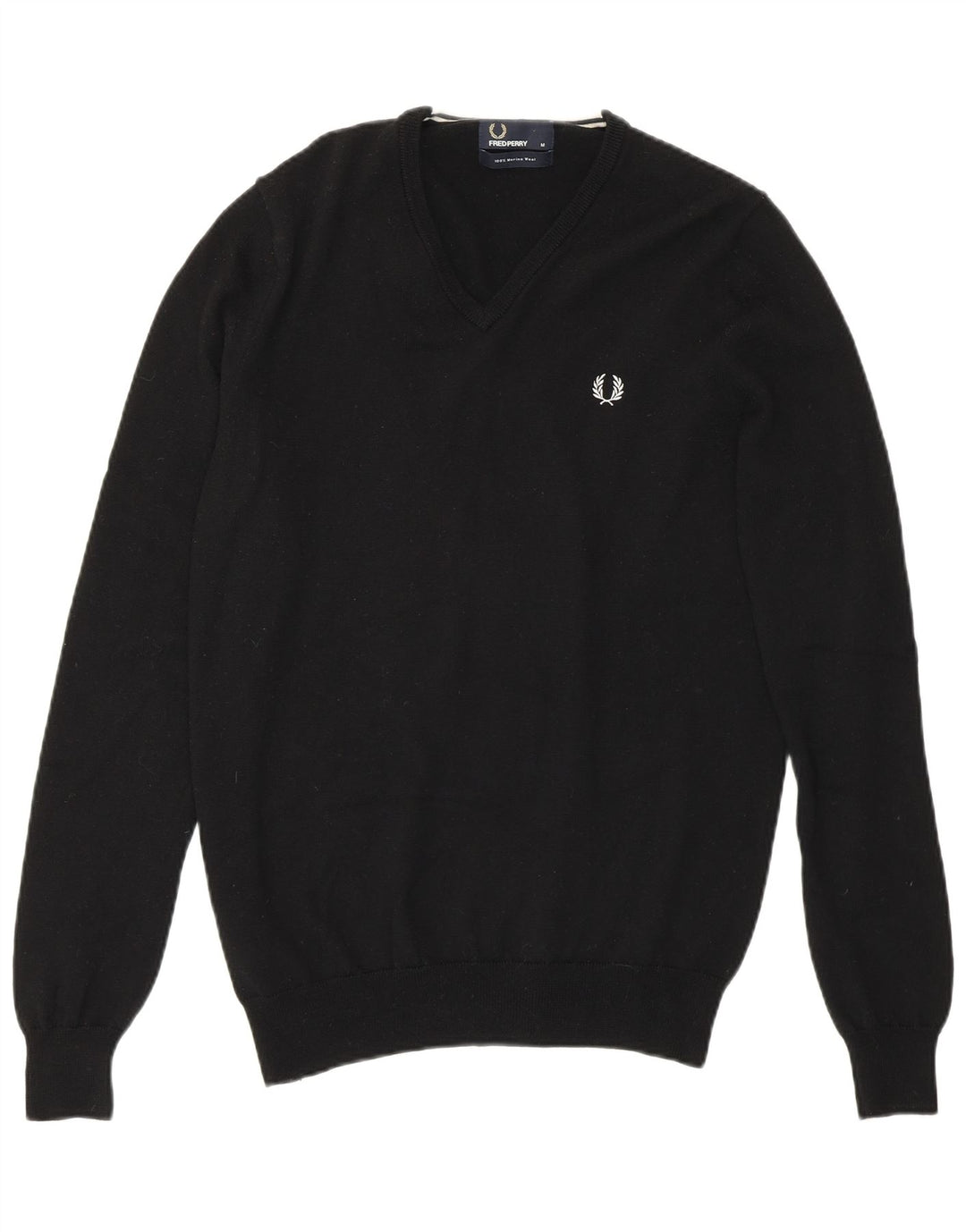 Fred Perry Mens V-Neck Jumper Sweater Medium Black Merino Wool