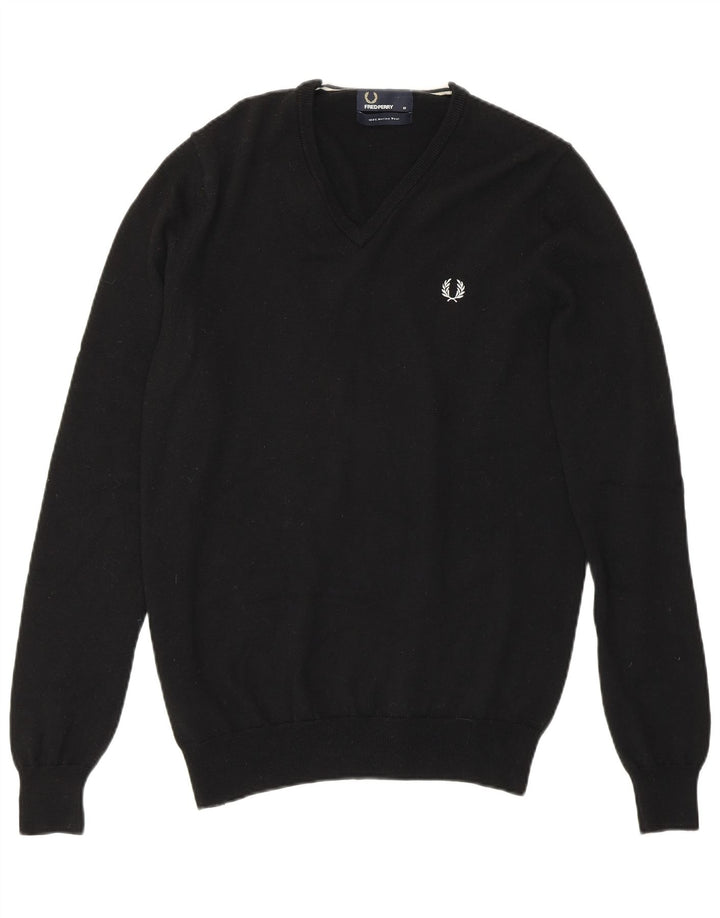Fred Perry Mens V-Neck Jumper Sweater Medium Black Merino Wool