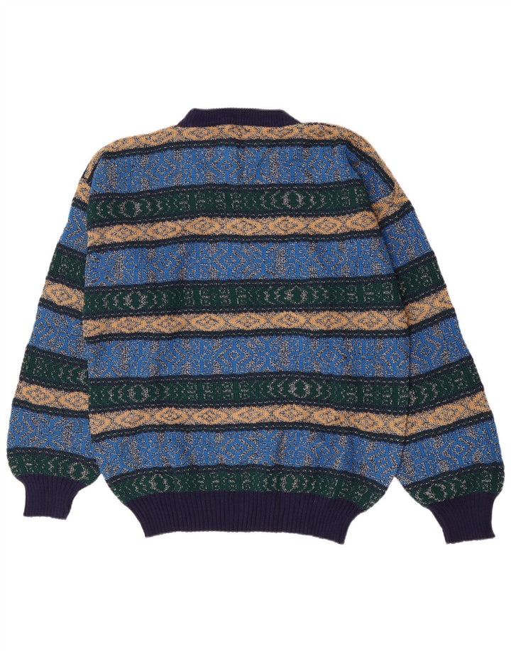 Vintage Mens Crew Neck Jumper Sweater Medium Blue Argyle/Diamond