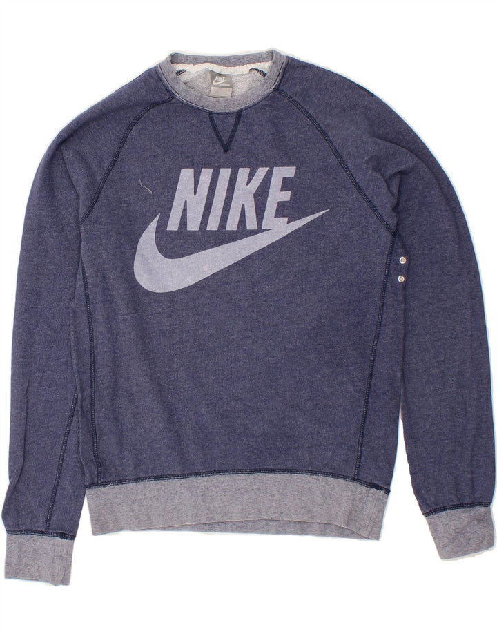 NIKE Womens Graphic Sweatshirt Jumper UK 14 Medium Navy Blue Cotton Vintage Nike and Second-Hand Nike from Messina Hembry 