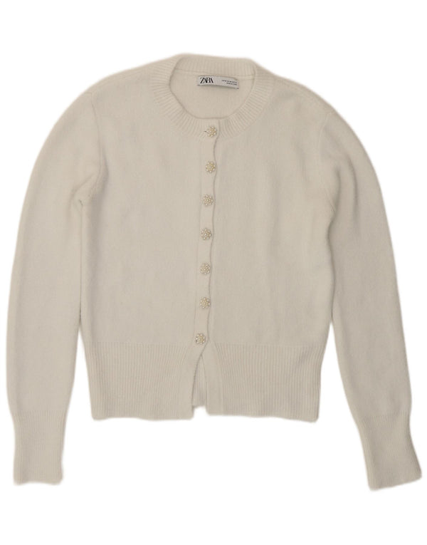 Zara Dame Cardigan Sweater UK 12 Medium Hvid Polyamid
