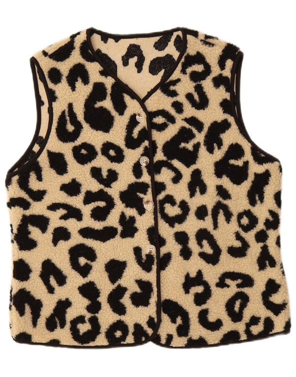 Vintage Womens Fleece Gilet UK 14 Medium Beige Animal Print Polyester