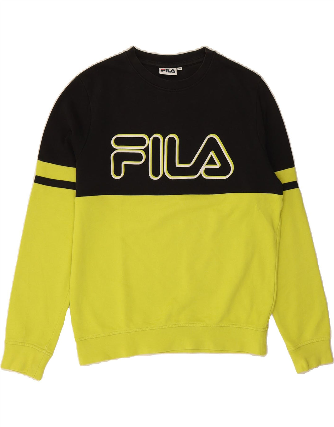 FILA Mens Graphic Sweatshirt Jumper XS Black Colourblock Vintage Fila and Second-Hand Fila from Messina Hembry 