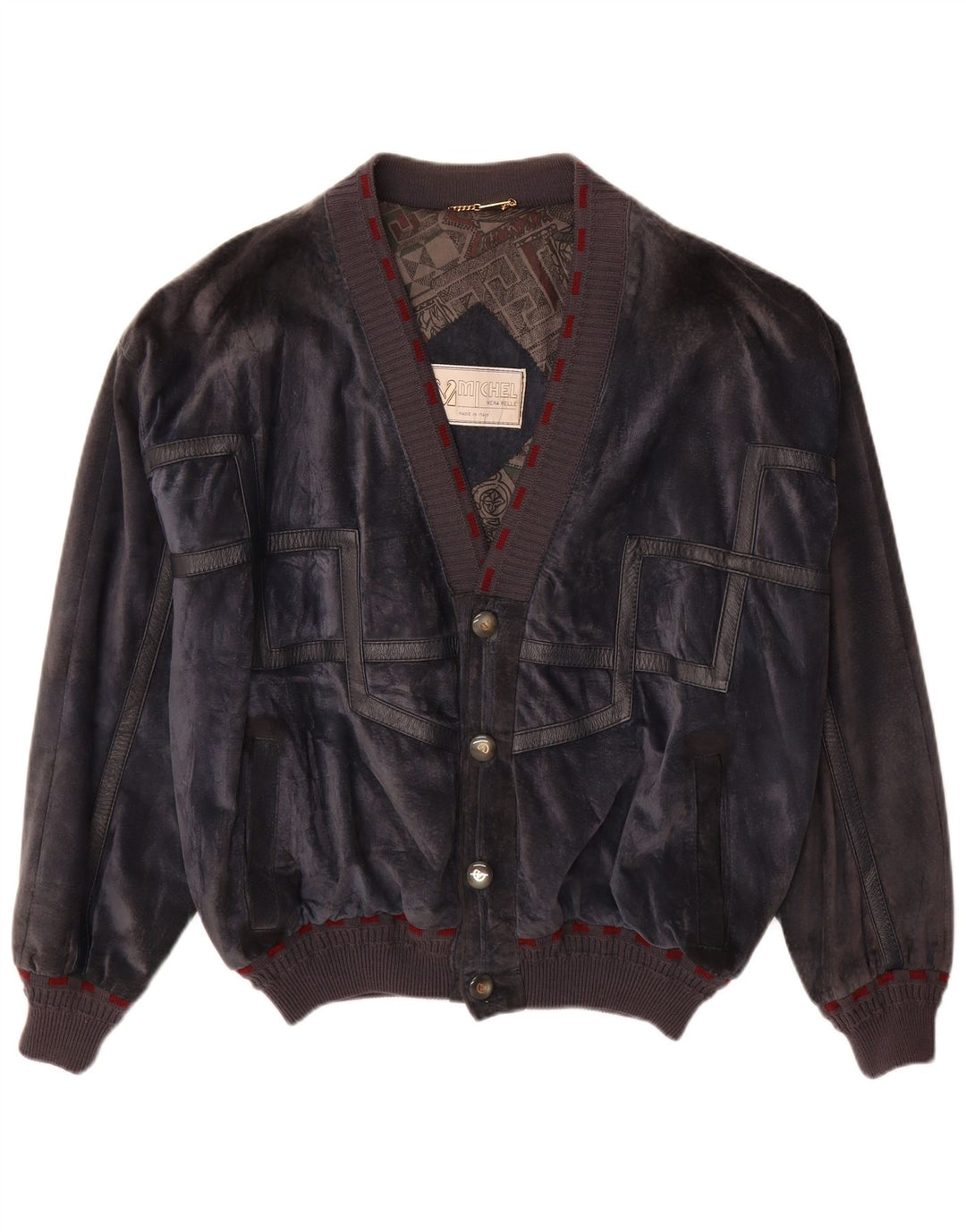 Michel Mens Suede Bomber Jacket IT 52 XL Navy Blue Leather