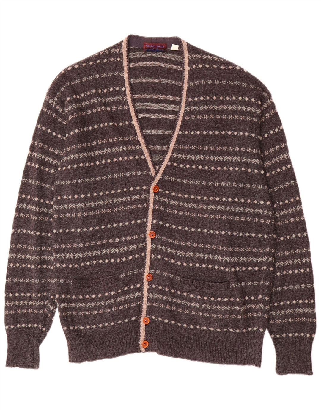 Franco Ziche Mens Cardigan Sweater Small Grey Striped Wool