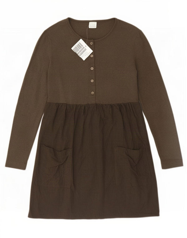Benetton Womens Long Sleeve Basic Dress UK 10 Small Khaki Colourblock