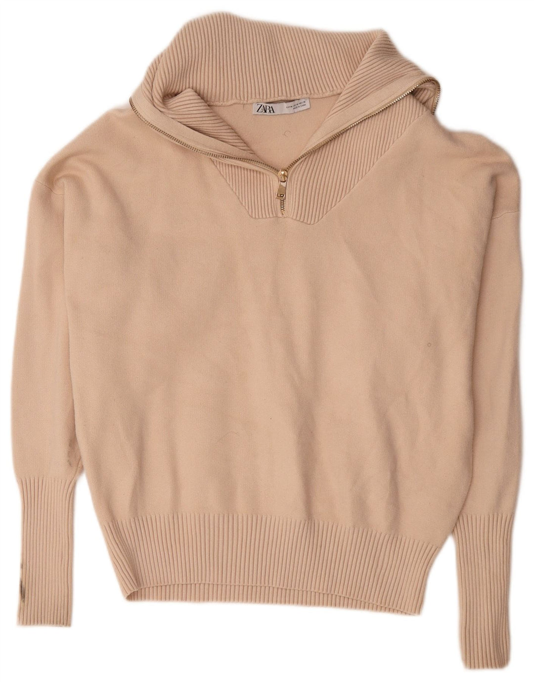 Zara Womens Oversized Zip Neck Jumper Sweater UK 14 Medium Beige Viscose