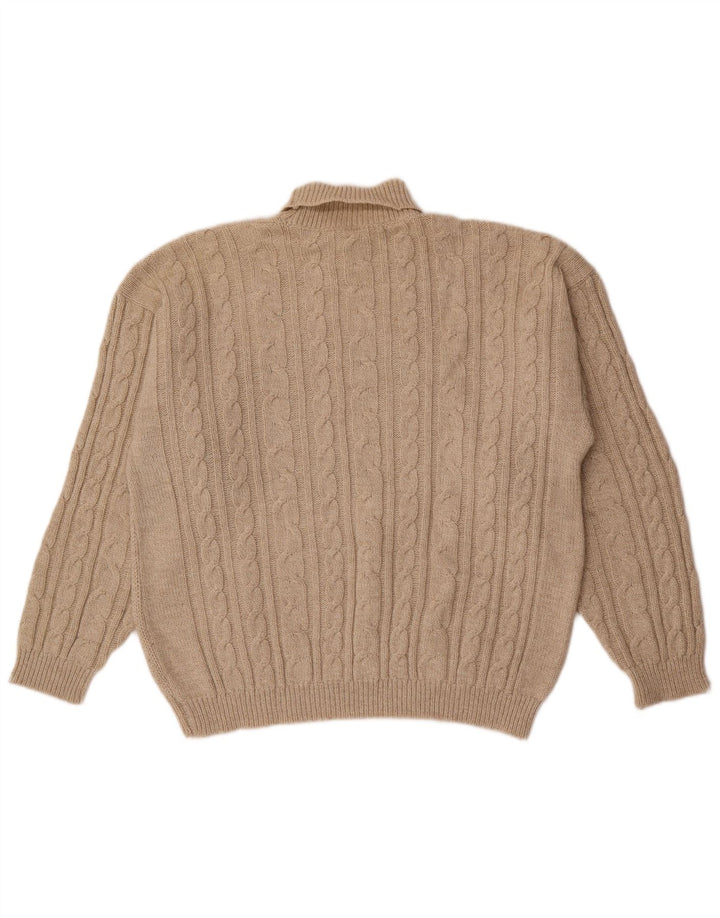 Vintage Mens Roll Neck Jumper Sweater Medium Beige Geometric