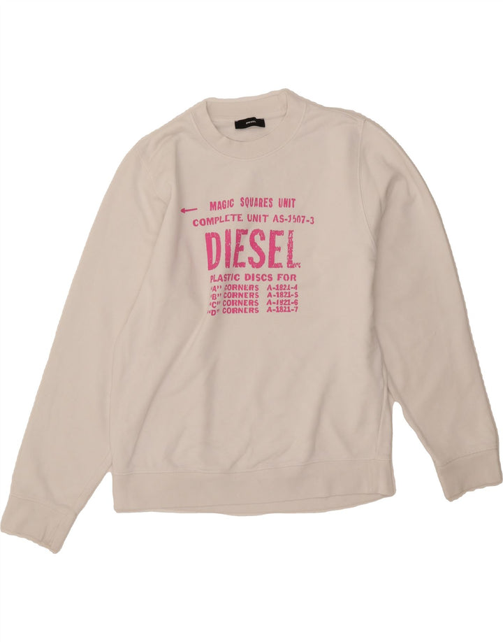 DIESEL Mens Graphic Sweatshirt Jumper Medium White Vintage Diesel and Second-Hand Diesel from Messina Hembry 