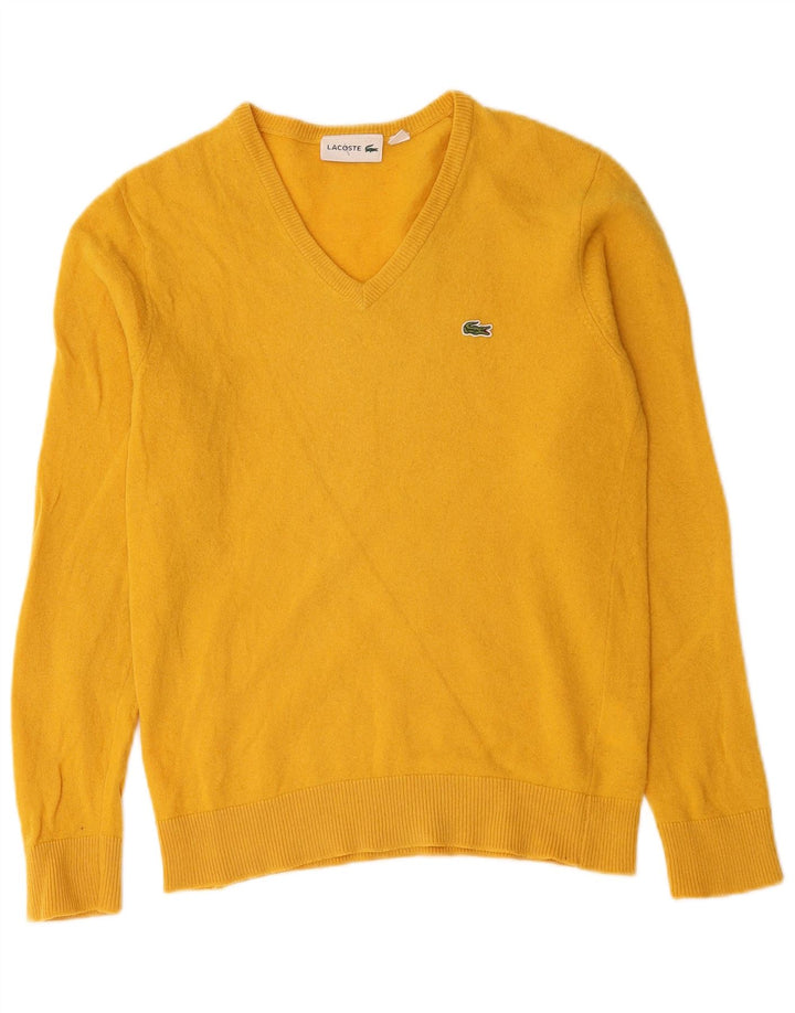 Lacoste Mens V-Neck Jumper Sweater Size 3 Small Yellow Virgin Wool