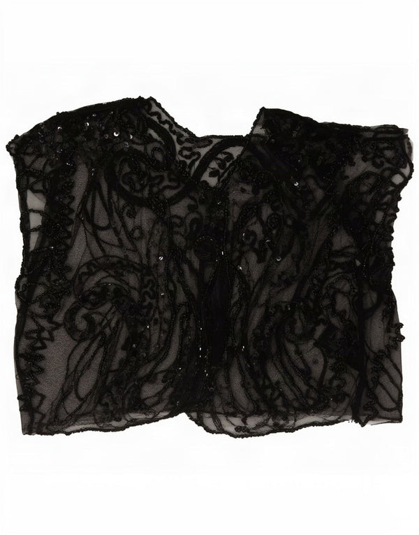 Vintage Womens Crop Αμάνικο See Through Top UK 8 Small Black Paisley