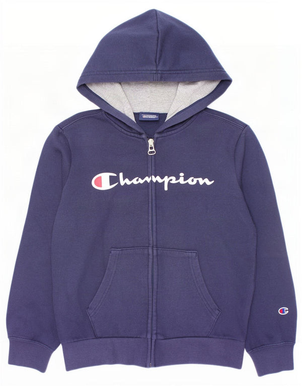 Champion Boys Graphic Zip Hoodie Sweater 7-8 Years Small Navy Blue Cotton