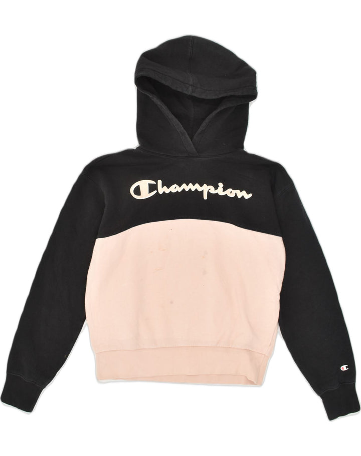 CHAMPION Womens Graphic Hoodie Jumper UK 14 Large Pink Colourblock Cotton | Vintage Champion | Thrift | Second-Hand Champion | Used Clothing | Messina Hembry 