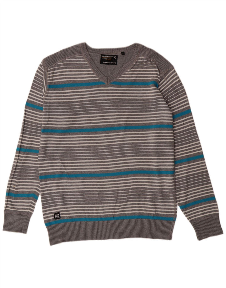 ANGELO LITRICO Mens V-Neck Jumper Sweater Large Grey Striped