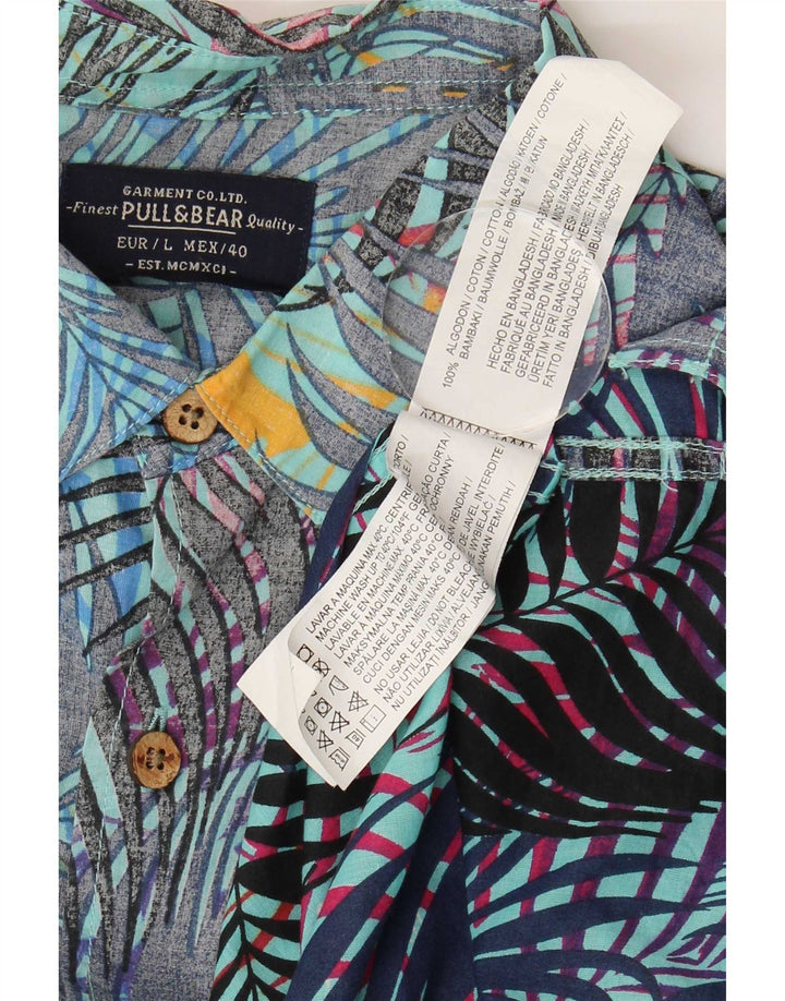 Maglia a maniche corte da uomo Pull & Bear grande hawaiana in cotone floreale blu